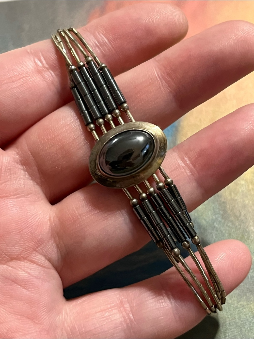 Vintage Navajo Artisan Made Sterling Liquid Silver Hematite Bracelet 925